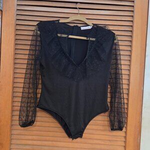 Bodysuit with ruffled neckline with sheer sleeves